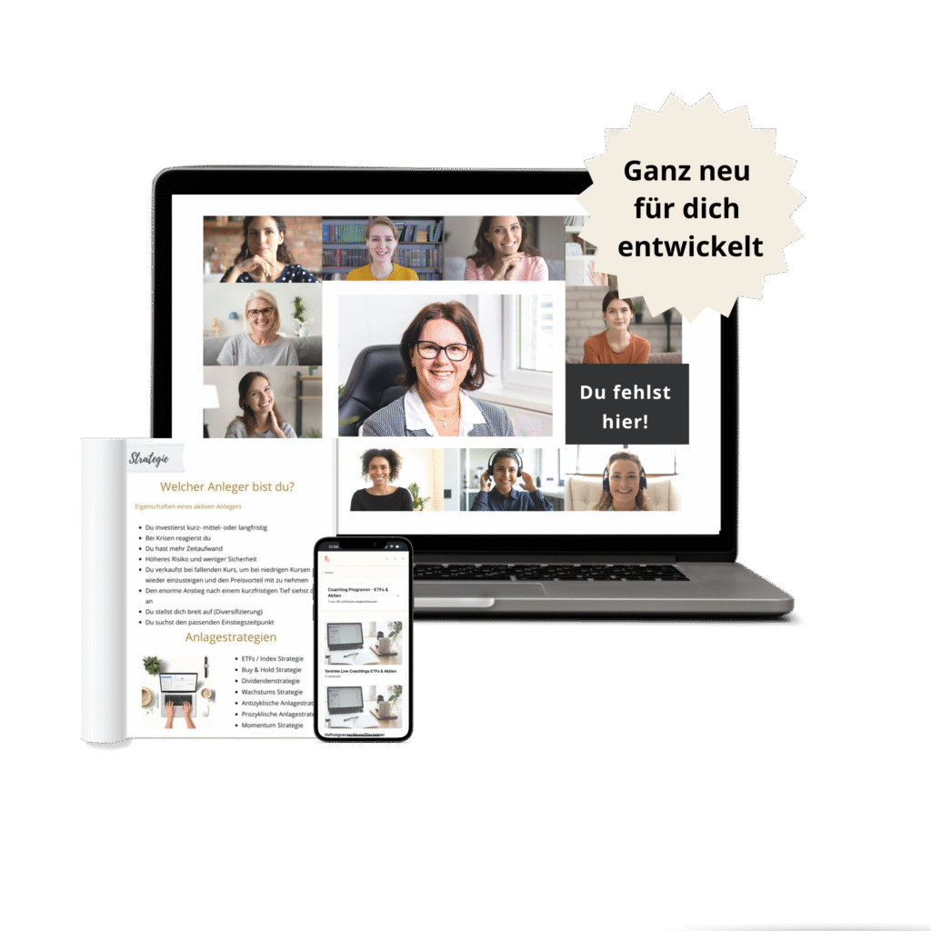 Laptop mit Online-Coaching-Szene und Teilnehmerinnen, daneben Workbook und Smartphone – zeigt das digitale Starter Paket von FRAUEN INVESTIEREN