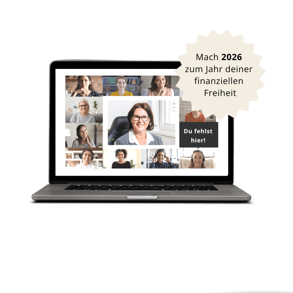 Aktien & ETF Fahrplan: Laptop mit Teilnehmerinnen im Online-Webinar zum Thema ETFs und Aktien für Frauen, inklusive Aufruf „Mach 2026 mehr aus deinem Geld“ – Einladung zum Webinar von Regina Schickinger und FRAUEN INVESTIEREN